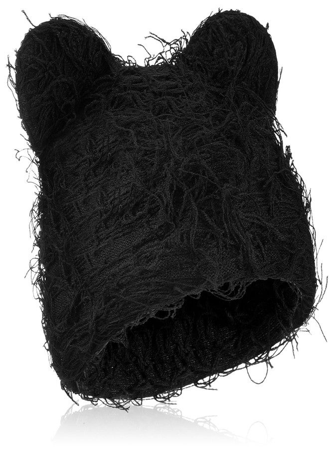 Funnysoft Cute Fuzzy Bear Ear Beanie Distressed Knitted Bear Beanie Y2K for Women Men Warm Furry Knitted Crochet Hat Thick Slouchy Black Bears Ears Hat for Winter Outdoor - Image 1